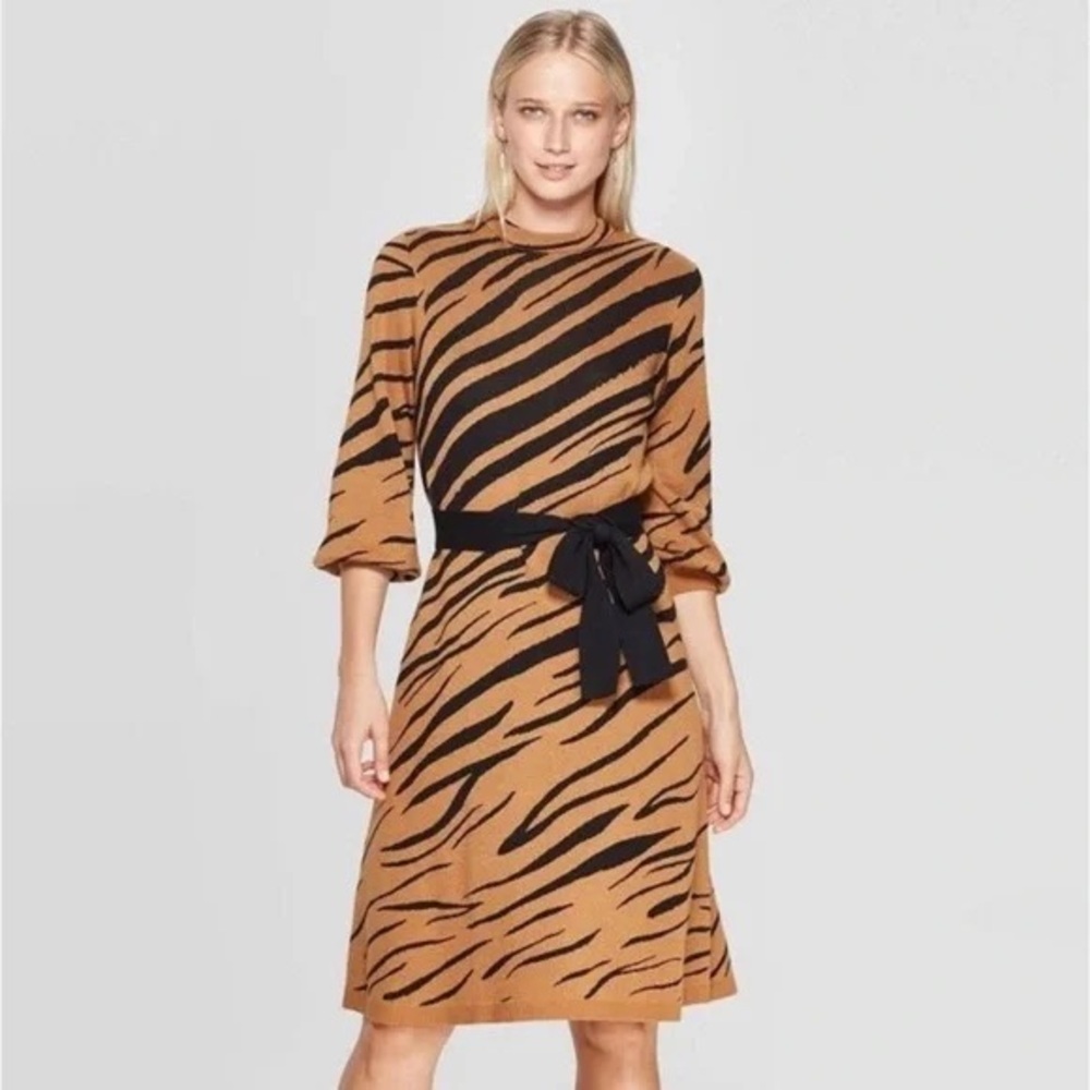 Who What Wear Animal Print 3/4 Sleeve Intarsia Sweater Dress XS NWT